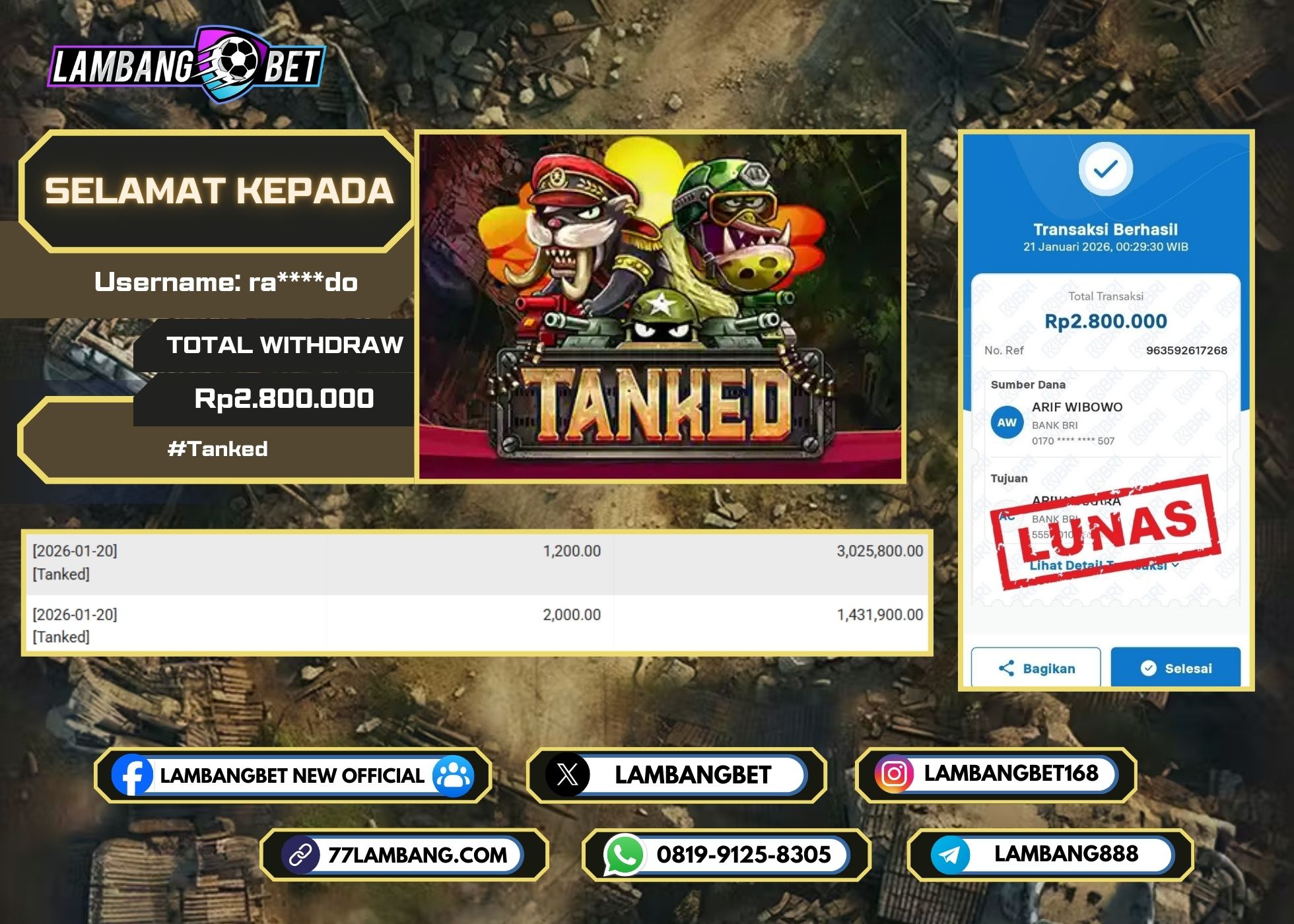 LAMBANGBET [21 JANUARI 2026] JACKPOT SLOT Tanked "Rp2.800.000" LUNAS